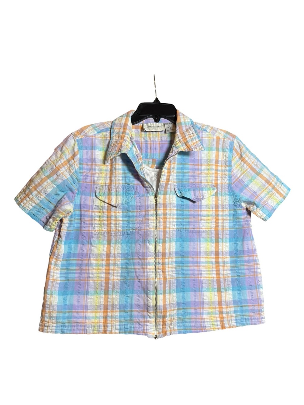 Lemon Grass Pastel Plaid CottageCore Zip-Up Short Sleeve Shirt Size M